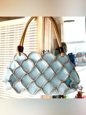 Sky Blue Leather with Macrame Stitching Feminine Purse
